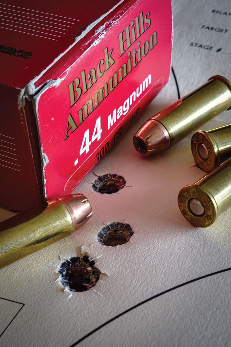 Tight five-shot knots at 100 yards were elusive. This quartet of jacketed hollowpoints from Black Hills huddled nicely.